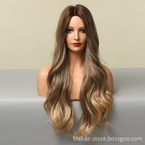 Low price blonde wig with long curly hair wavy wig natural real hair suitable forwomen's daily party brown blonde gradient color